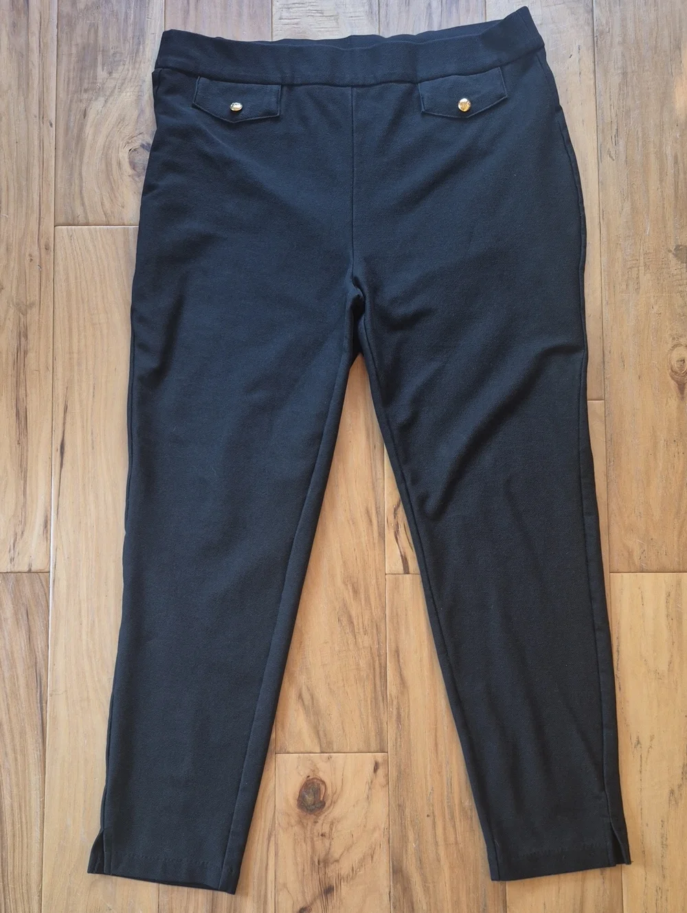 Michael Kors Black Ponte Pull-On Pants with Gold Button Details